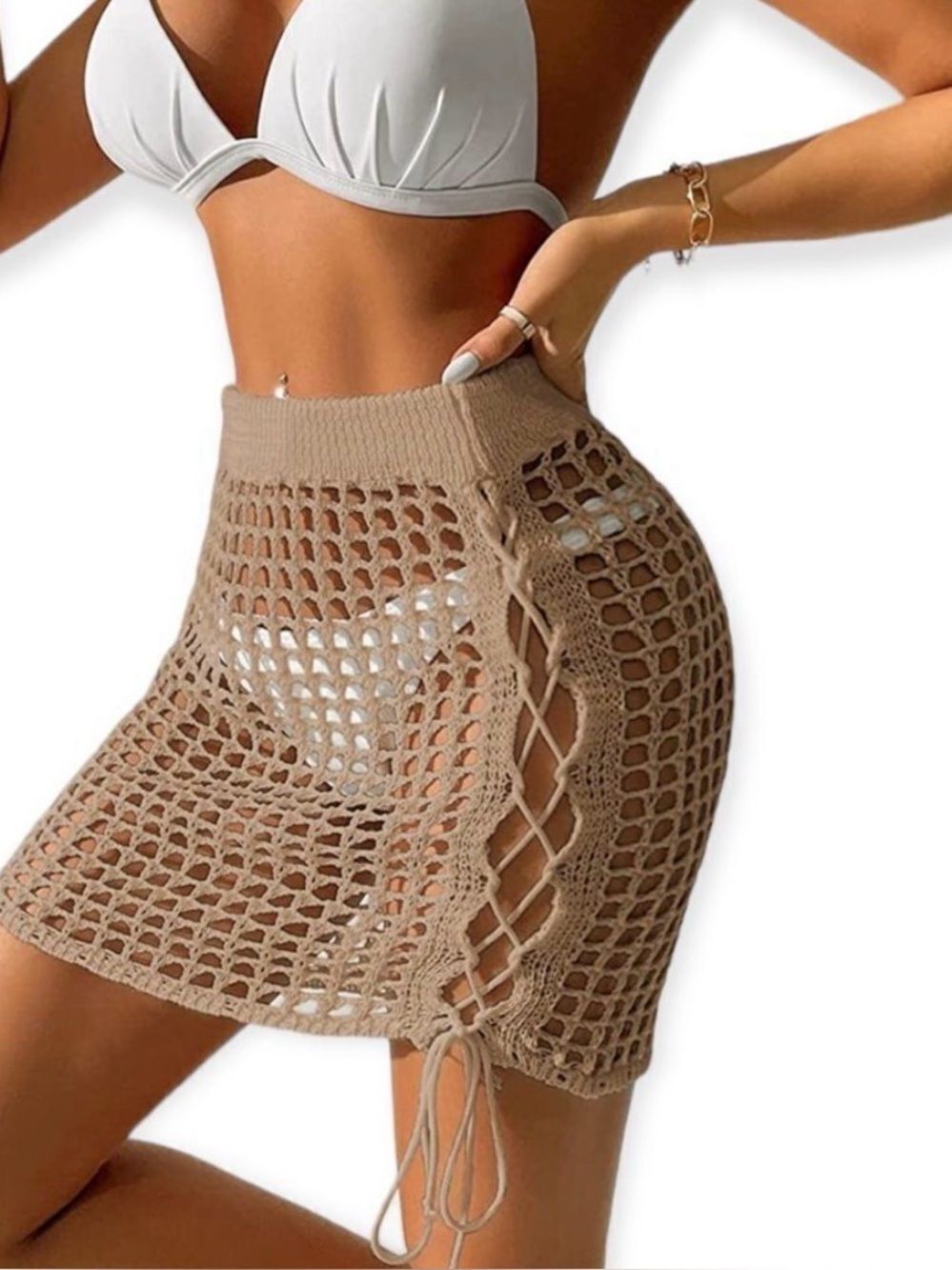 Tan Open Knit Side Ties Beach Cover up Mini Skirt NWT